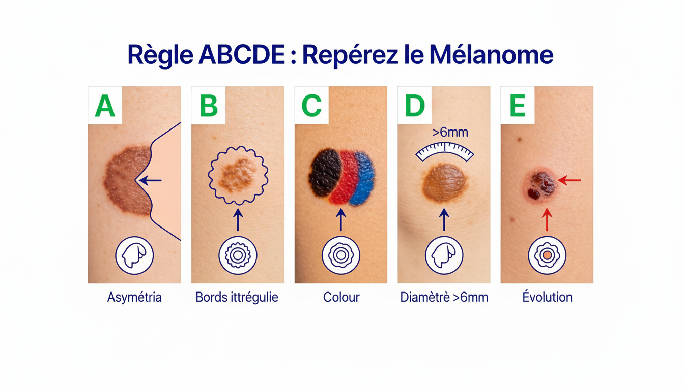 Schéma de la règle ABCDE pour détecter un mélanome