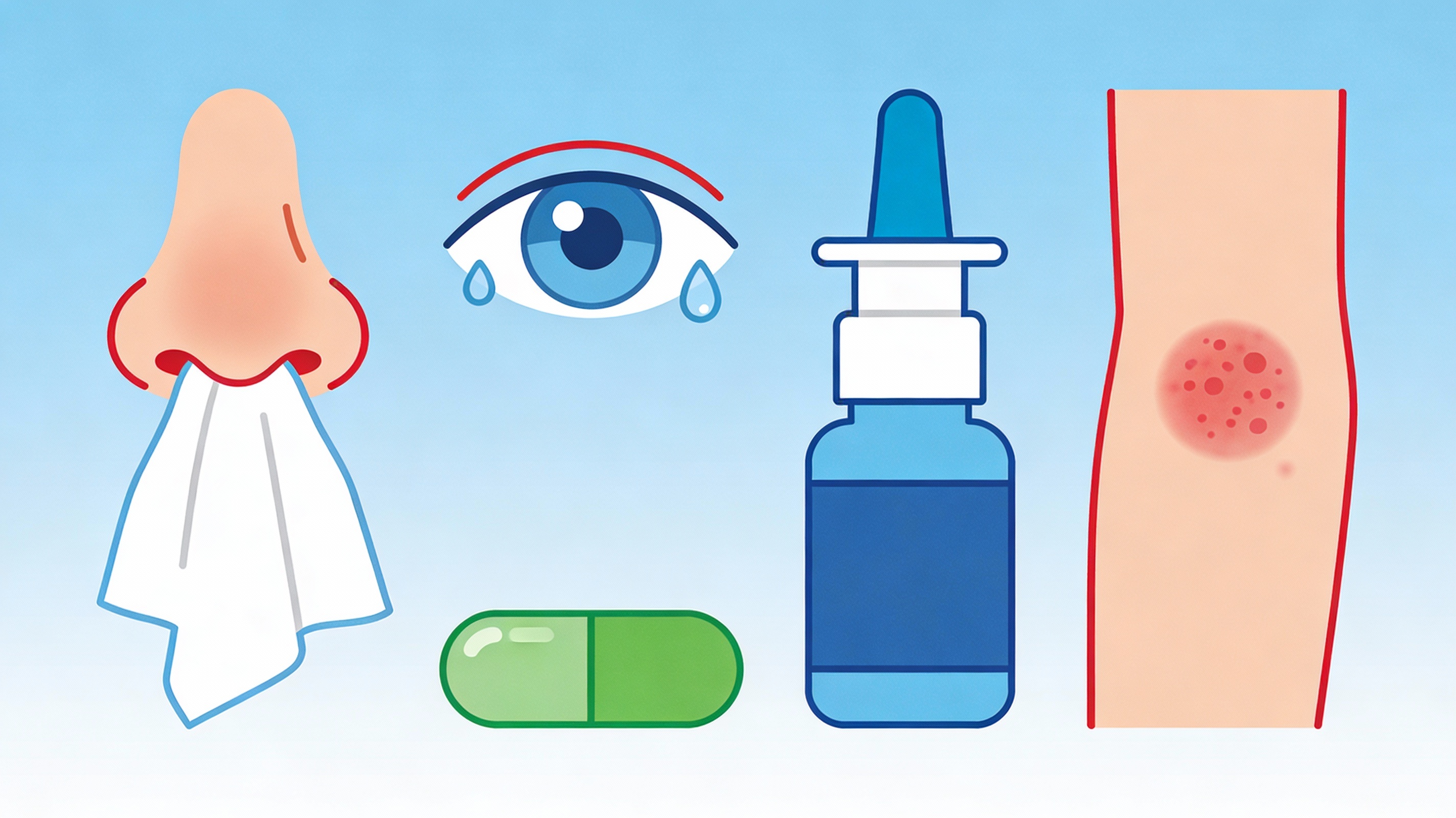 illustration vectorielle sur les allergies: nez, peau, oeil, spray nasal et anti-histaminique