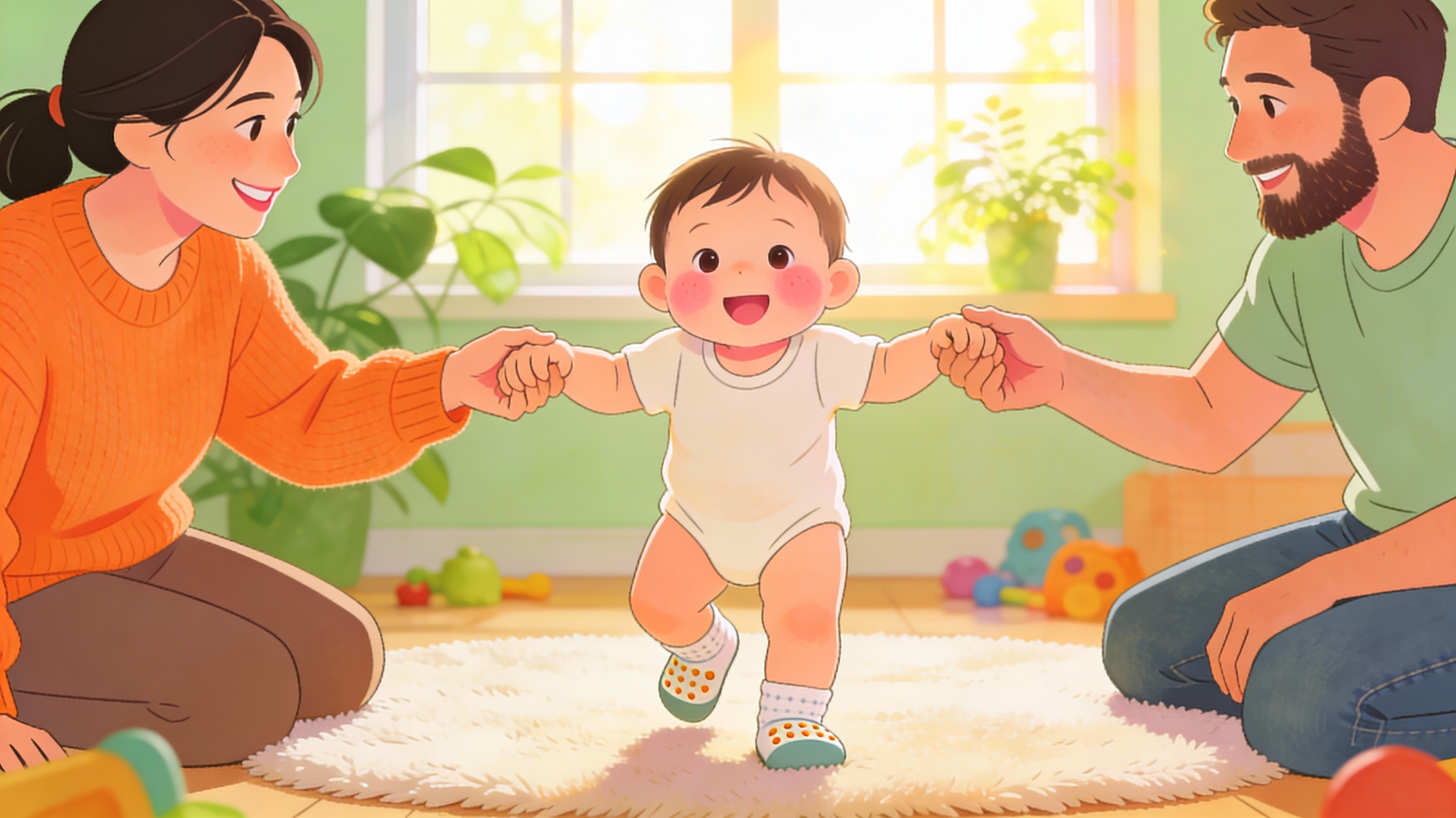 Enfant apprenant à marcher avec aide parentale