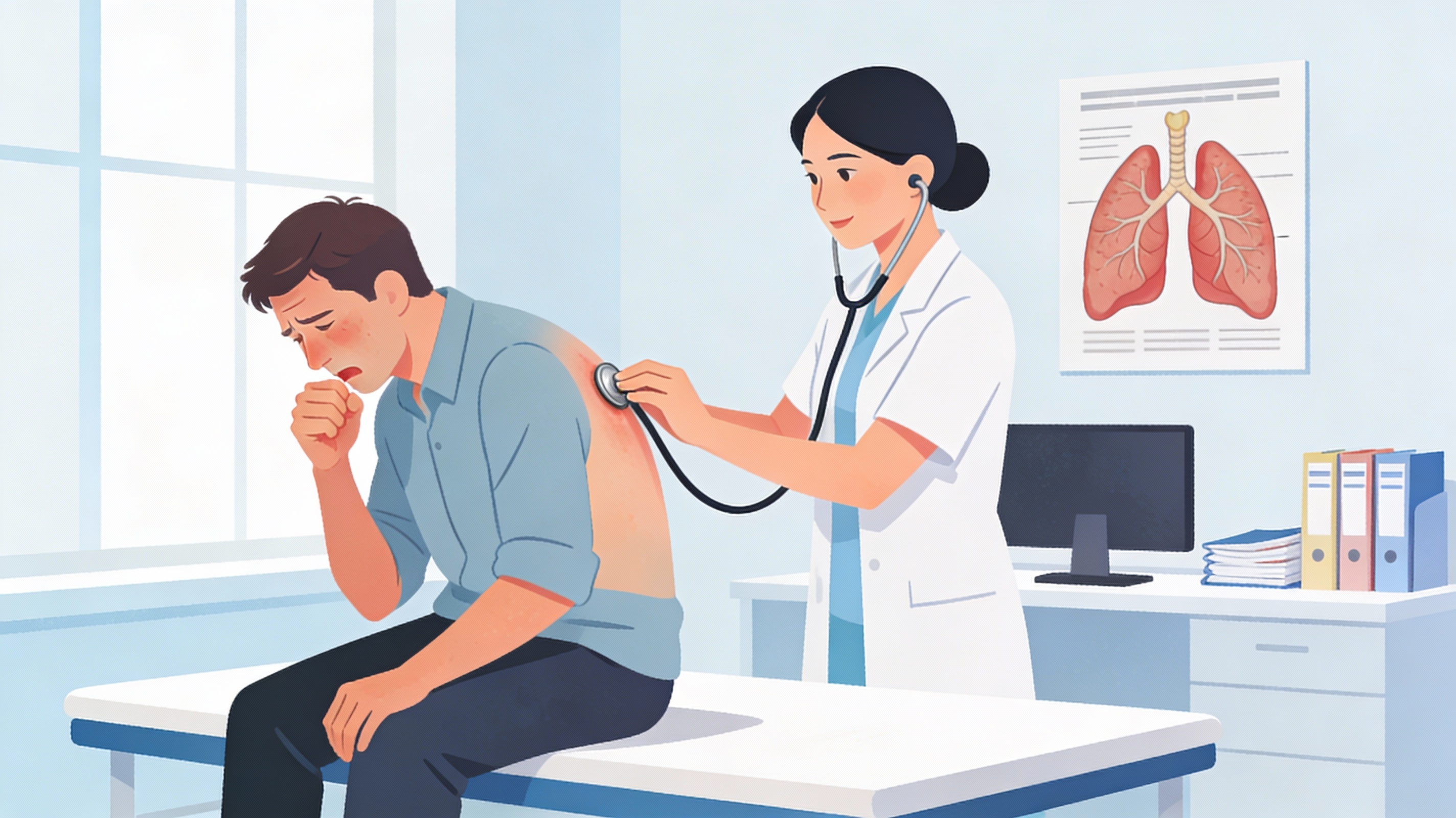 pneumopathie, patient ausculté par son médecin